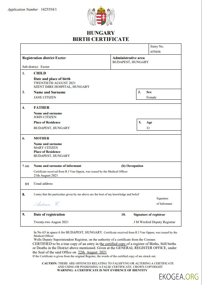Modèle Word et PDF d'acte de naissance de l'état civil de la Hongrie